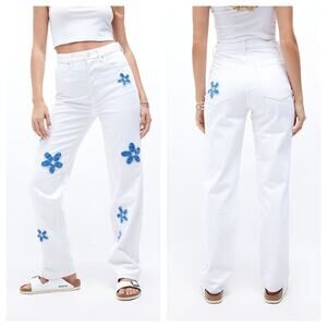 PACSUN White Denim Flower Patch Dad Jeans Women's Sz 26 High Rise Straight Leg